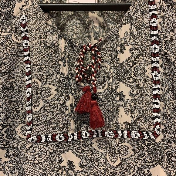 Beautiful Stories Print & Beaded Boho Peasant Tassel Blouse S - Picture 2 of 5